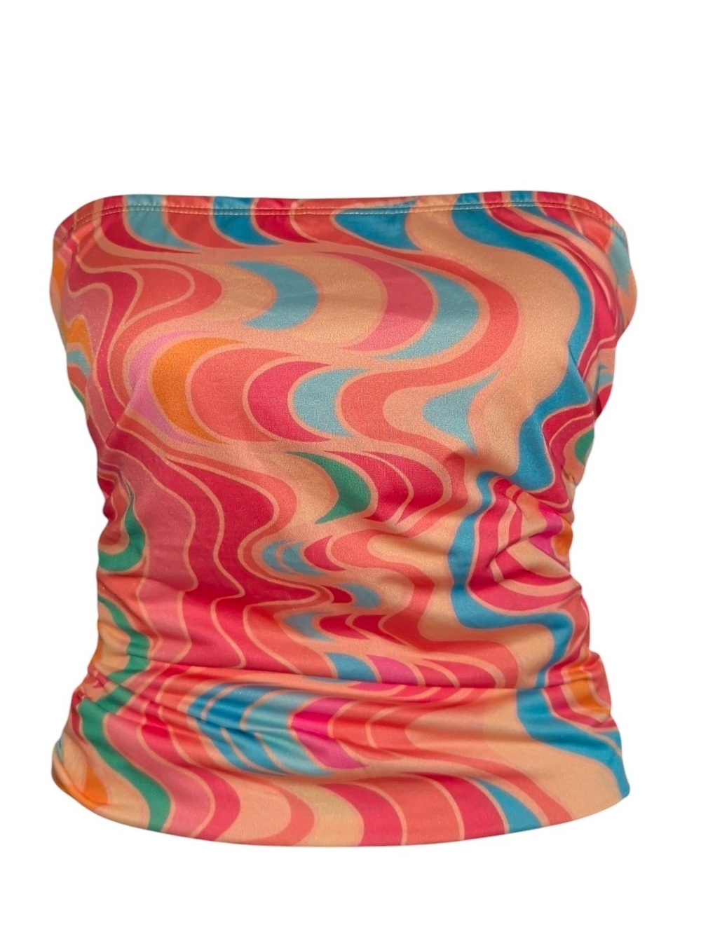 Fashion Nova Multicolor Swirl Strapless Tube Top - Coral, Teal, Pink